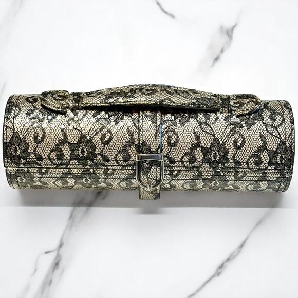 Tuscan Designs Travel Jewelry Case Black Lace Hard Roll Snap Close Velvet Inside - Picture 1 of 9
